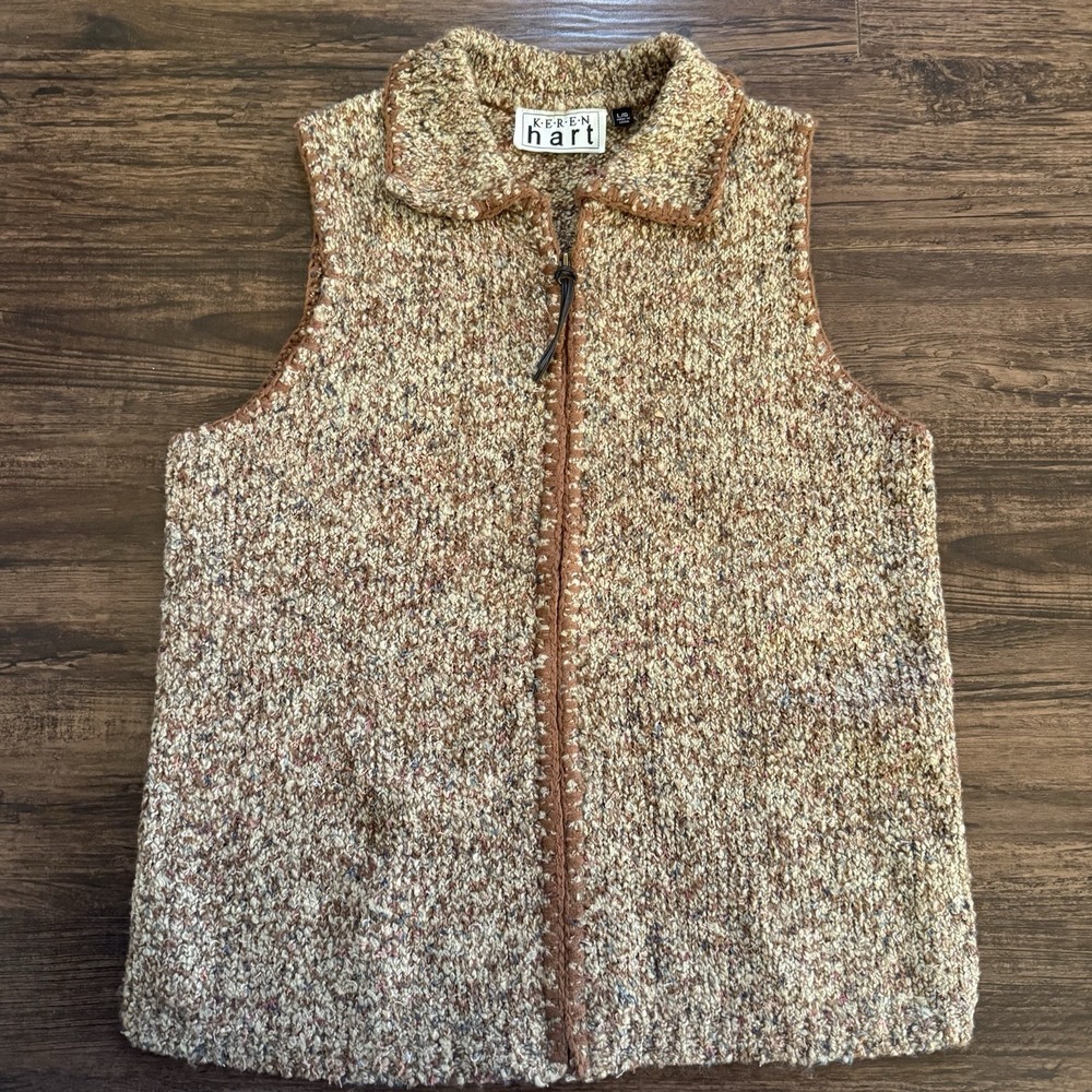 Keren Hart Large Chunky Knit Sweater Vest Full Zip Collared Grannycore
